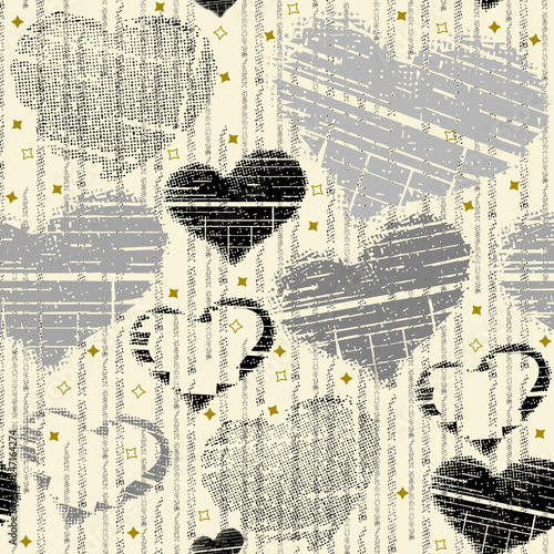 Chalk seamless pattern. Hand-drawn hearts with stripes, lines and dots on a beige background. Romantic raster design. Trend print for fabric and paper.
