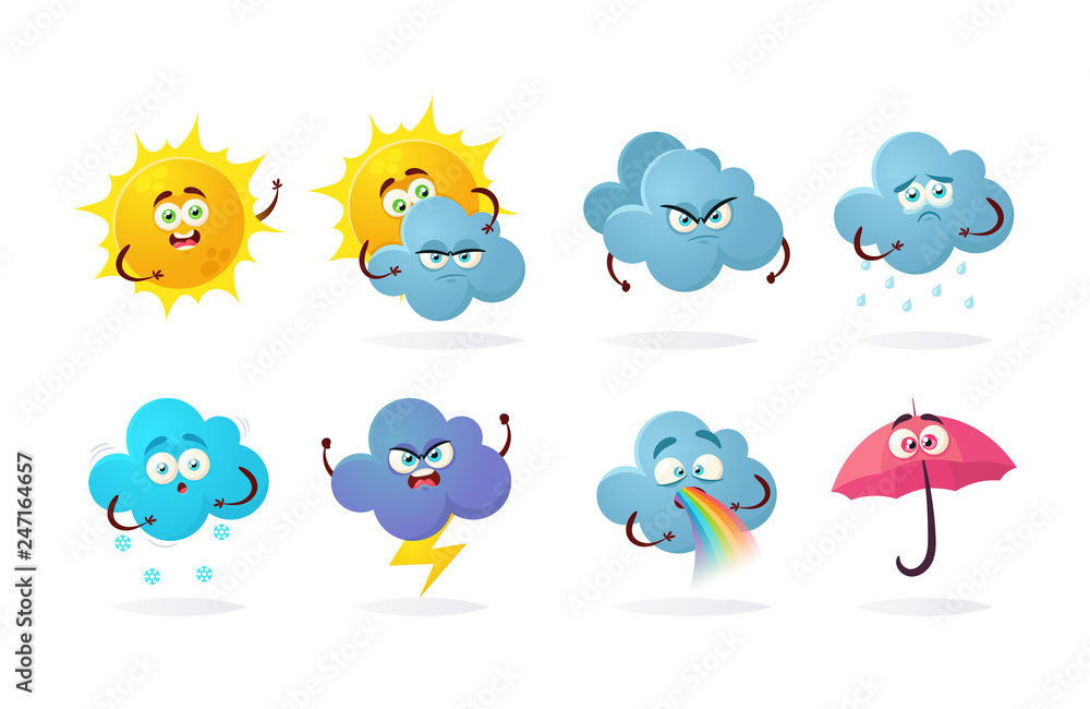 Funny Cartoon Characters. Weather Symbols. Vector Set Funny Cartoon Characters. Weather Symbols. Vector Set