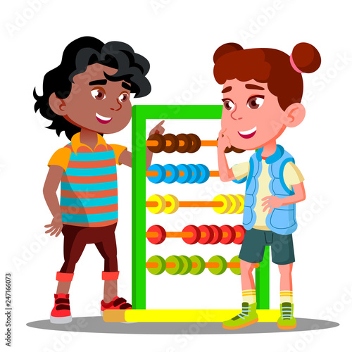 Boy Teaches To Count On Accounts Little Girl Vector. Isolated Illustration