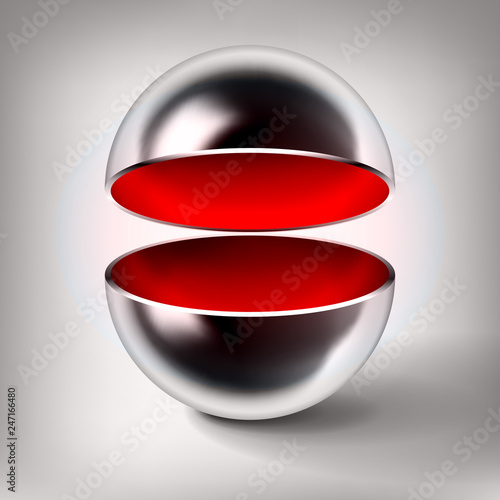 Free Download Vector chrome hollow sphere, open glossy metal ball, red inside, abstract object for you project design - GFXLoad