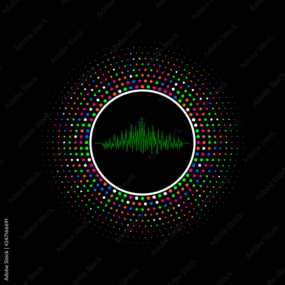 Bright colorful disco lights halftone circle frame isolated on black background. Round border