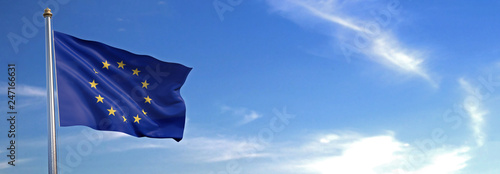 Flag of European Union rise waving to the wind with sky in the background
