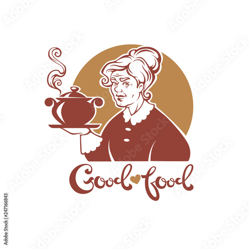 Good Food, vector portrait of lovely grandmother and home made soup