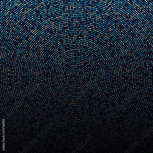Bright blue disco lights halftone circle frame on black background. Vector illustration.