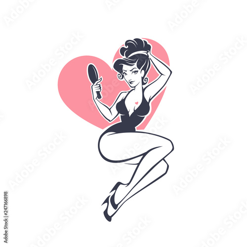 sexy and beauty retro pinup girl holding a mirror on pink heart shape background for your logo or label design