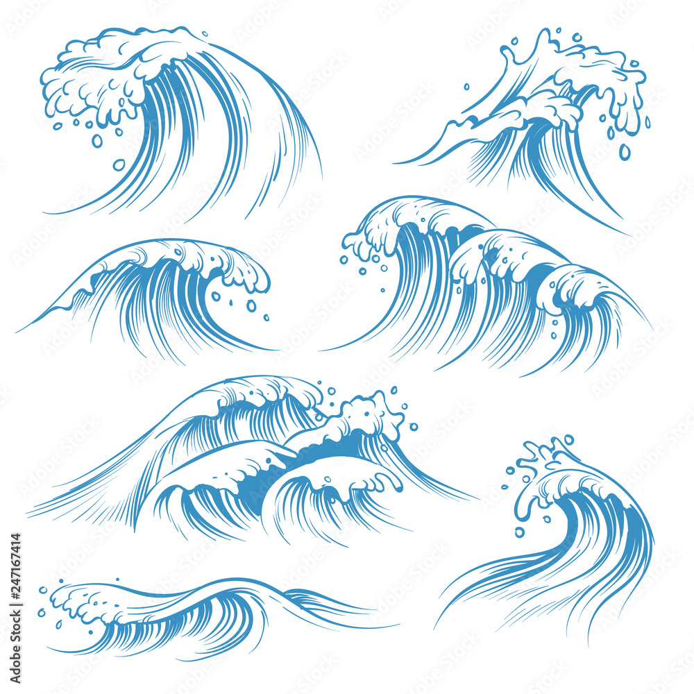 Hand drawn ocean waves. Sketch sea waves tide splash. Hand drawn surfing storm wind water doodle vintage elements Hand drawn ocean waves. Sketch sea waves tide splash. Hand drawn surfing storm wind water doodle vintage elements