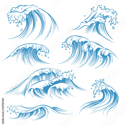 Hand drawn ocean waves. Sketch sea waves tide splash. Hand drawn surfing storm wind water doodle vintage elements
