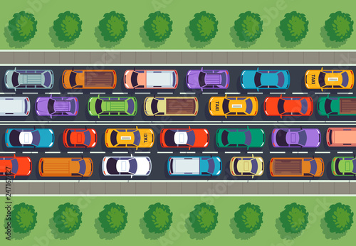 Traffic jam top view. Many cars on highway, different vehicles from above. Auto vector infographic