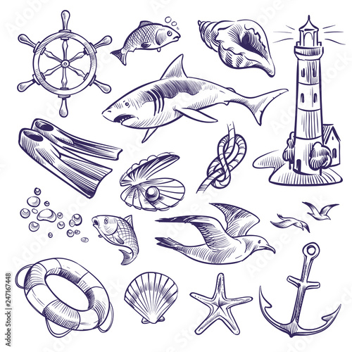 Hand drawn marine set. Sea ocean voyage lighthouse shark knot shell lifebuoy seagull anchor steering wheel
