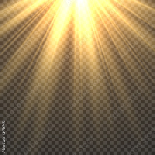 Sunlight isolated. Sun light effect golden sun rays radiance. Yellow bright beams fiery sunset sunshine illustration