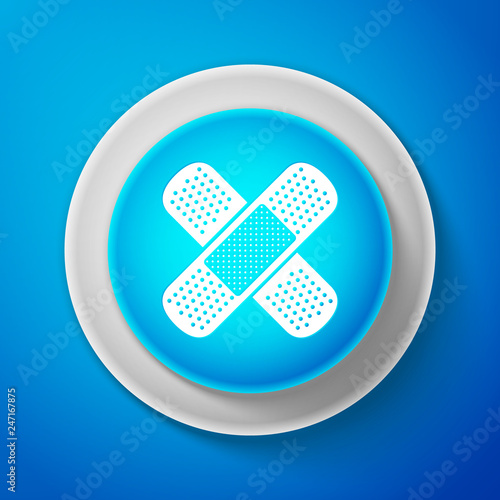 Bandage plaster icon isolated on blue background. Medical plaster, adhesive bandage, flexible fabric bandage. Circle blue button. Vector illustration