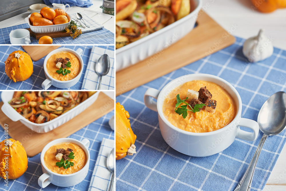 vegetarian roast without meat with pumpkin, potatoes and mushrooms; pumpkin dish vegetarian roast without meat with pumpkin, potatoes and mushrooms; pumpkin dish