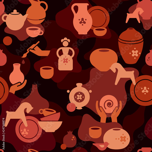 Pottery seamless pattern with the hands of an artisan, a ceramic woman, a clay horse, vases, plates, teapots, jugs and terrels.