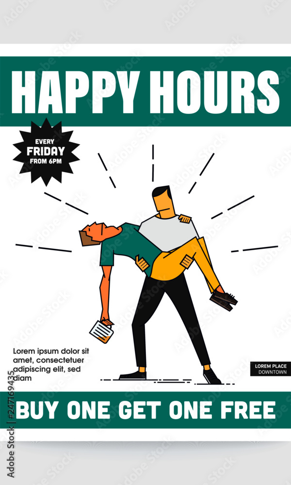 Happy Hours Template design. Vector illustration of friends drinking beer. Man carrying another drunk man. Drinking concept.