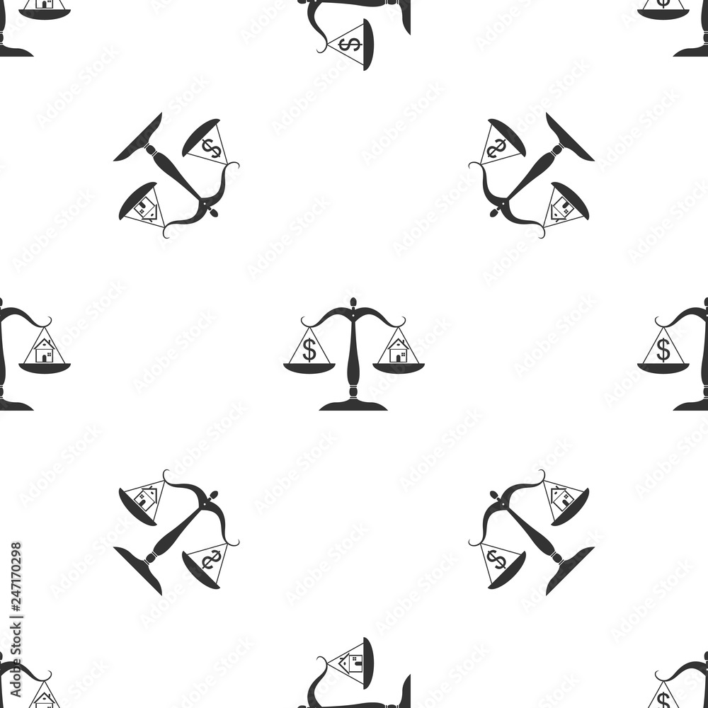 Naklejka premium House and dollar symbol on scales icon isolated seamless pattern on white background. Flat design. Vector Illustration
