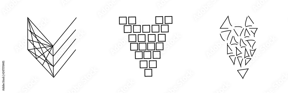 Abstract set of hearts. Hearts of lines, squares, triangles in graphic style. Black and white vector.
