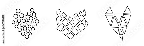 Stylish, modern, linear set of black and white hearts. Graphics, love and logic.