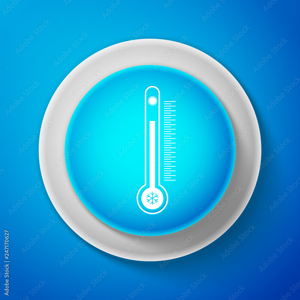 Thermometer with scale measuring heat and cold, with sun and snowflake icon isolated on blue background. Circle blue button. Vector illustration Thermometer with scale measuring heat and cold, with sun and snowflake icon isolated on blue background. Circle blue button. Vector illustration
