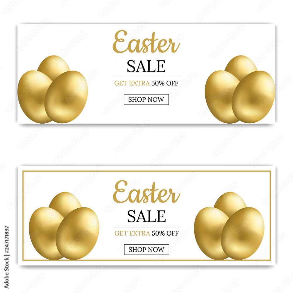 Easter Sale Banner Template Background with Golden Eggs. Voucher, wallpaper,flyers, invitation, posters, brochure, coupon discount,greeting card. Vector illustration.