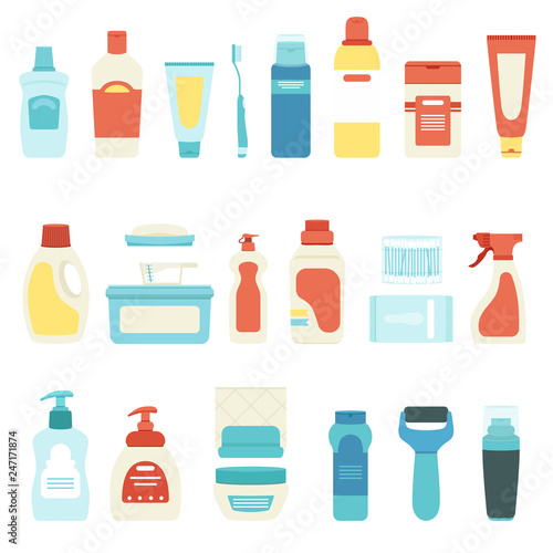 set of household chemicals and cosmetics, vector illustration, bottles, sprayer, toothbrush and tubes