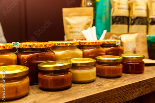 Homemade jam and farm honey on the market