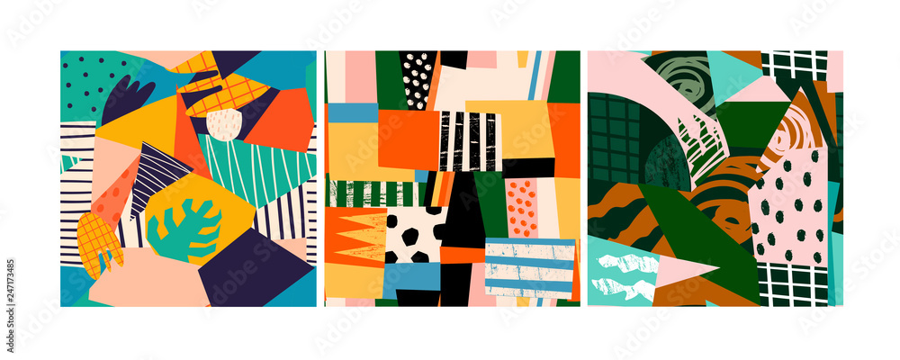 Set of three abstract contemporary seamless patterns. Hand drawn various shapes. Modern patchwork illustration in vector. Every pattern is isolated Set of three abstract contemporary seamless patterns. Hand drawn various shapes. Modern patchwork illustration in vector. Every pattern is isolated