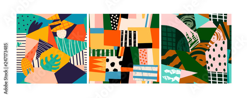 Set of three abstract contemporary seamless patterns. Hand drawn various shapes. Modern patchwork illustration in vector. Every pattern is isolated