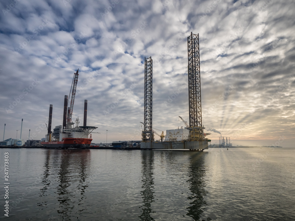 Platforms in Esbjerg offshore oil harbor in Denmark