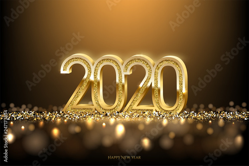 2020 New Year luxury design concept. Vector golden 2020 New Year horizontal template with golden glitter.