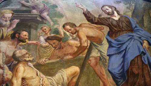 Jesus Miracles - Raising Lazarus, fresco in the St Nicholas Cathedral in the capital city of Ljubljana, Slovenia 