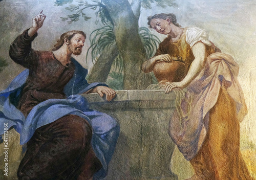 Jesus and the Samaritan Woman, fresco in the St Nicholas Cathedral in the capital city of Ljubljana, Slovenia  photo