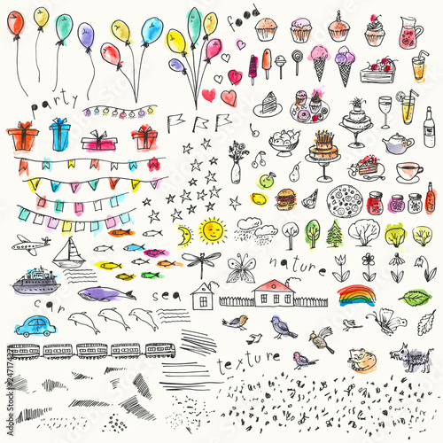 Hand drawn ink and watercolor stain doodle set.