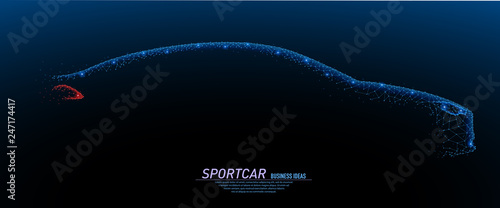 Abstract polygonal light of closeup realistic car side view in the dark