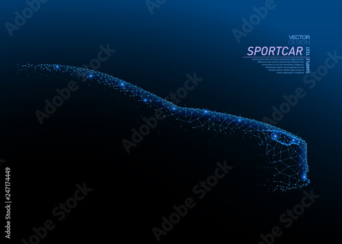 Abstract polygonal light of closeup realistic car side view in the dark