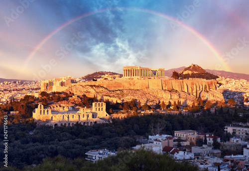 Acropolis of Athens, Greece, with the Parthenon Temple during sunset with rainbow