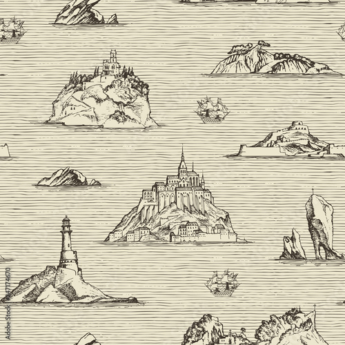 Vector abstract seamless background on the theme of travel, adventure and discovery. Old hand drawn map with islands, lighthouses and sailboats in retro style