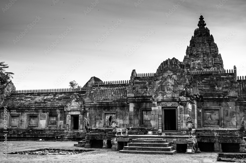 Black and white image of Phanom Rung castle in Buriram, Thailand