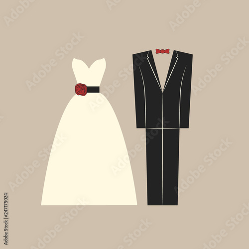 Wedding clothing, bride and groom dress and suit. Bridal white dress and groom formal suit vector designs.