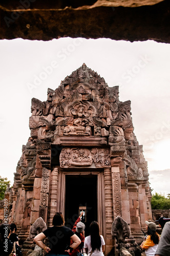 Carved stone facade Narai Bantomsin lintel of Phanom Rung castle in Buriram, Thailand photo