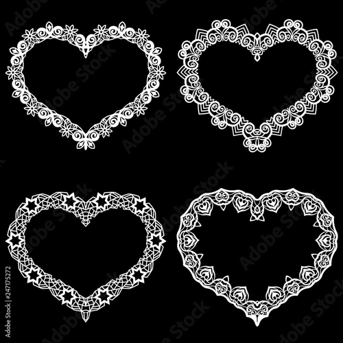 Laser cut frame in the shape of a heart with lace border. A set of the foundations for paper doily for a wedding. Vector templates for cutting out.