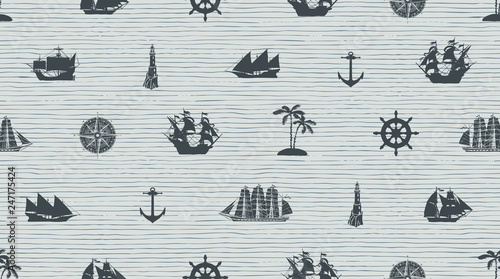 Vector seamless background on the theme of sea travel with different sailing ships, compass, anchor, steering wheel and others. Cute sea objects on the striped background in retro style