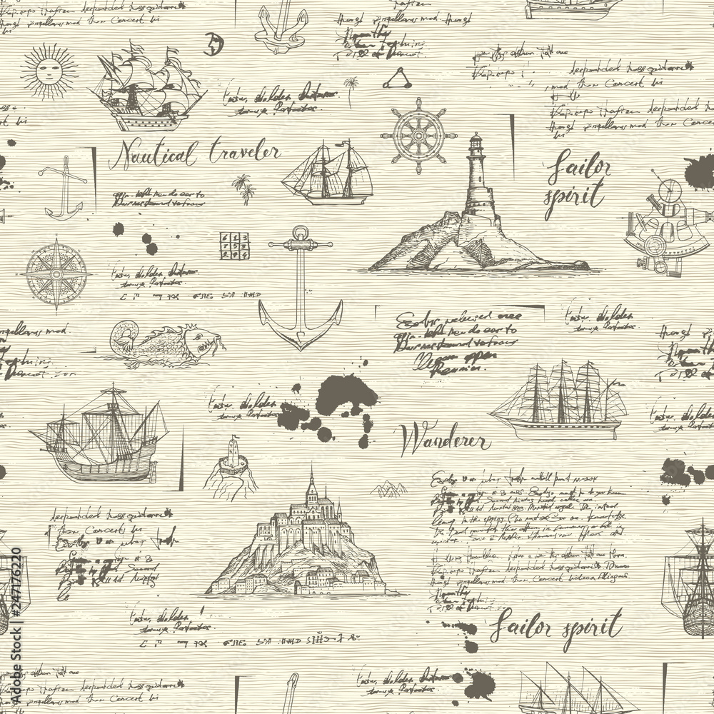Vector abstract seamless background on the theme of travel, adventure and discovery. Old manuscript with islands, sailboats, wind rose and nautical symbols with blots and stains in vintage style Vector abstract seamless background on the theme of travel, adventure and discovery. Old manuscript with islands, sailboats, wind rose and nautical symbols with blots and stains in vintage style