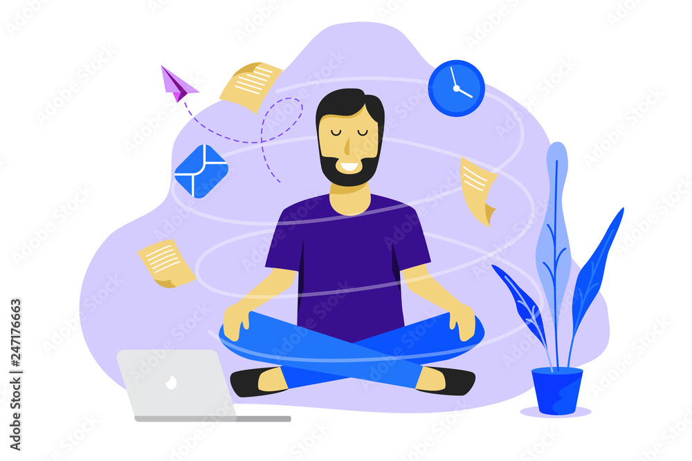 Meditation man at work. Business working design concept. Vector illustration