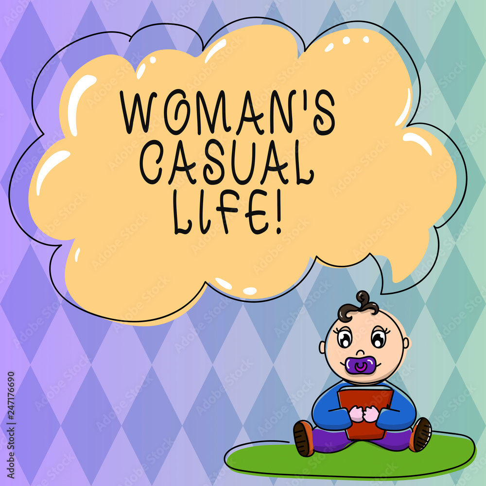 Text sign showing Woanalysis S Is Casual Life. Conceptual photo relaxed and unconcerned not regular or peranalysisent Baby Sitting on Rug with Pacifier Book and Blank Color Cloud Speech Bubble Text sign showing Woanalysis S Is Casual Life. Conceptual photo relaxed and unconcerned not regular or peranalysisent Baby Sitting on Rug with Pacifier Book and Blank Color Cloud Speech Bubble