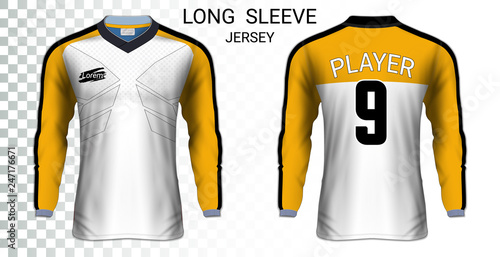Long sleeve soccer jerseys, T-Shirt sport mockup template, Realistic graphic design for Football Uniform, Goalkeeper, Motocross, Unisex Cycling, etc, Easily to change logo, name, color in your styles.