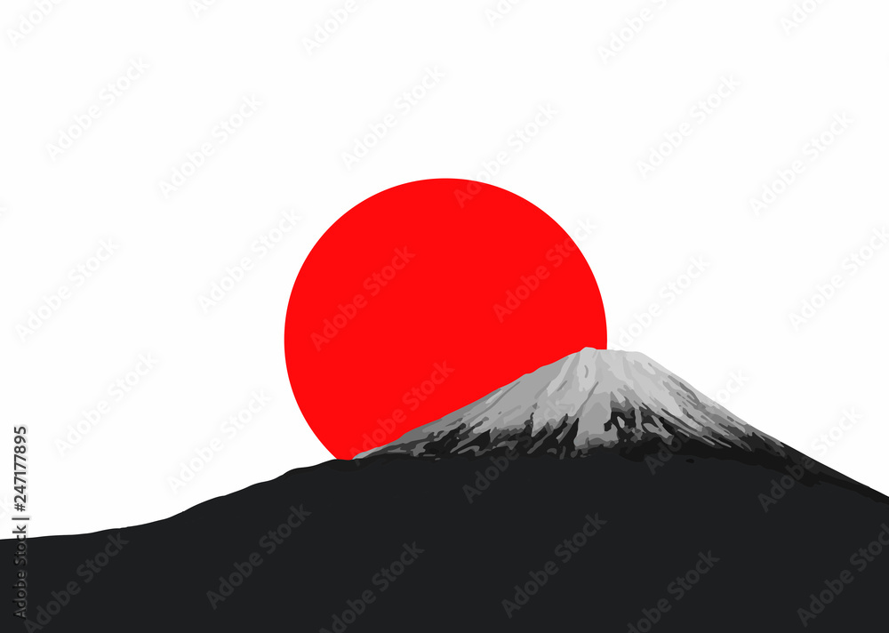 Mount Fuji and red rising sun. Flag and symbol of Japan. Stock