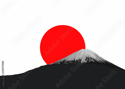 Mount Fuji and red rising sun. Flag and symbol of Japan.