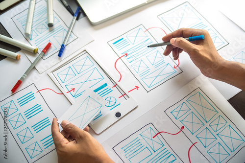 ux Graphic designer creative sketch planning application process development prototype wireframe for web mobile phone . User experience concept.