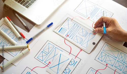 ux Graphic designer creative sketch planning application process development prototype wireframe for web mobile phone . User experience concept.