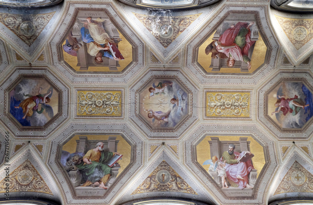 The evangelists, fresco on the ceiling of Santa Maria in Aquiro church in Rome, Italy 